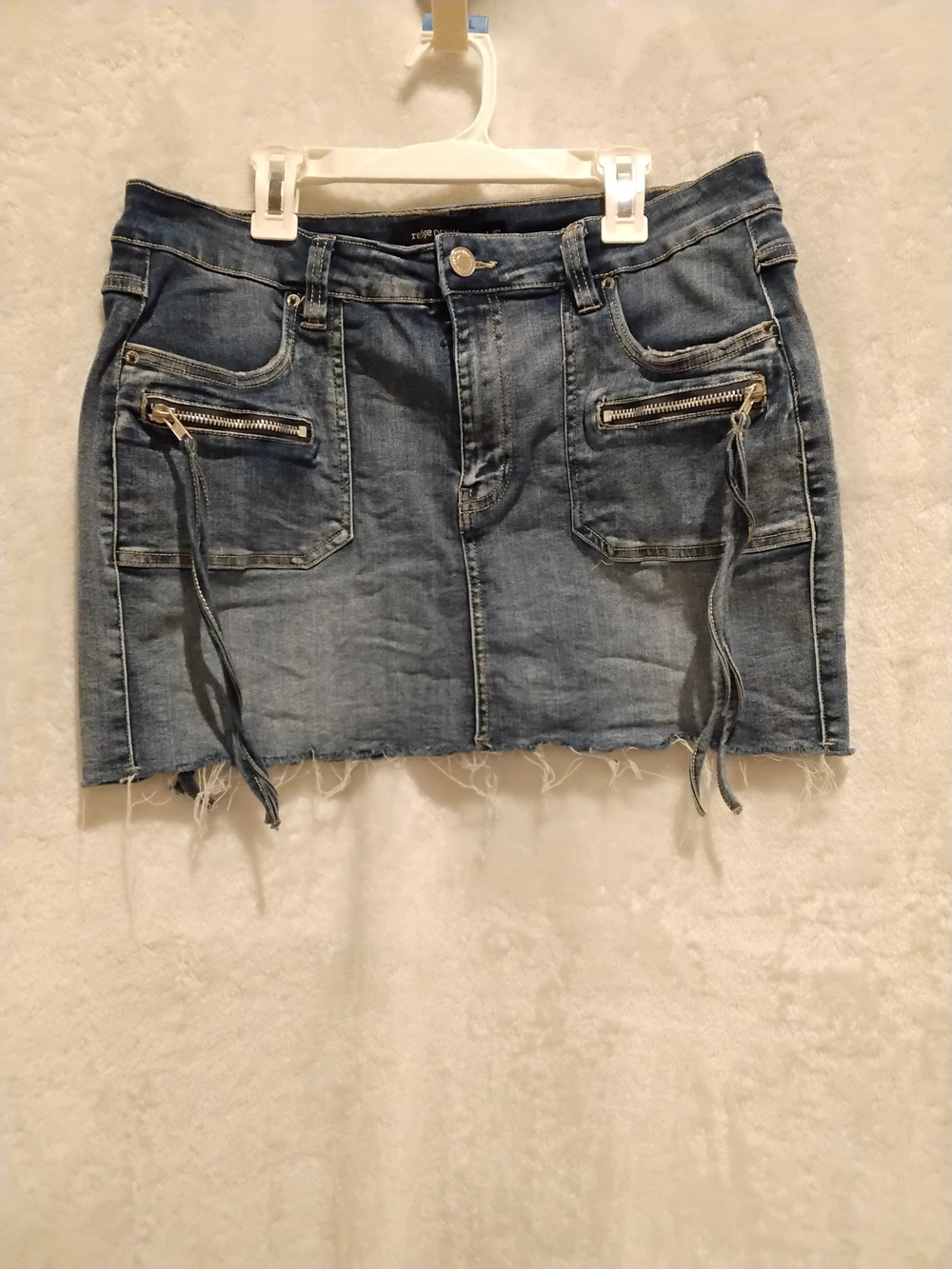 refuge Distressed Light Blue Denim Mini Skirt with Zipper Accents